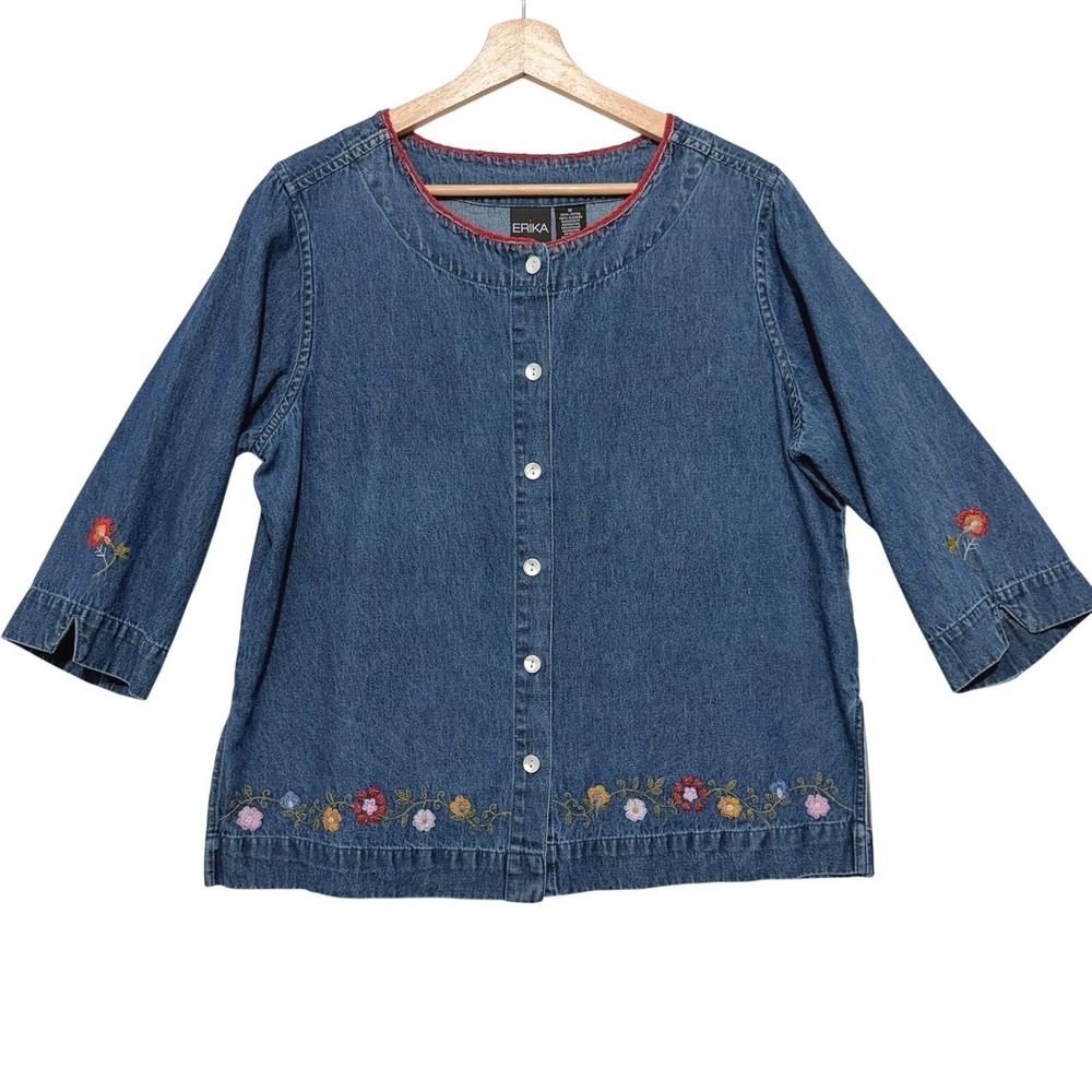 Vtg Denim Shirt Top Size M Blue Colorful Floral Embroidery 3/4 Sleeve Button-Up